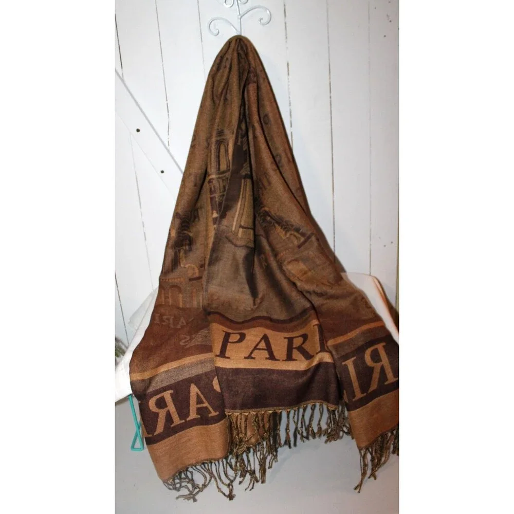 Brown Scarf Wrap Paris Eiffel Tower with Fringe 100% Viscose 70